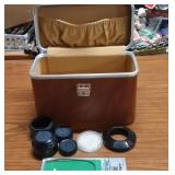 Vintage Brown Hardshell Camera Carrying Case With Lenses, Filters, And A Vintage Cable Release - Potterville