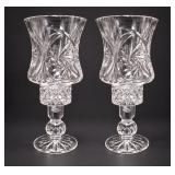 Pair Vintage Cut Crystal Hurricane Candle Holders Pinwheel Star Pattern Footed Glass 2pc - Potterville