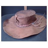Vintage Brown Leather Outback Hat With Braided Fringe Trim. Classic Western Aesthetic - Potterville