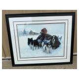 Framed Winter Art Print - Child with Dogs in the Snow by T. Peppard (1996)