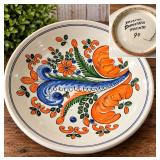 Large Vintage 1990 Hand Painted Folk Art Ceramic Serving Bowl Blue Orange Floral Signed - Potterville