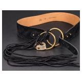 Vintage 1970s Made in Holland Black Suede Leather Fringe Belt Double O-Ring Buckle Size M - Potterville