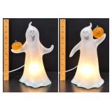 Pair Halloween Lighted Frosted Glass Ghost Holding Orange Pumpkin 11" Electric Lamp Working - Potterville