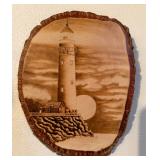 Lighthouse Pyrography Wood Burning Art on Natural Live Edge Wood Slice - Coastal Decor - Lake Odessa Off-Site