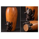 Vintage Handcrafted Wooden Vase with Climbing Black Cat Rustic Folk Art Decor - Potterville