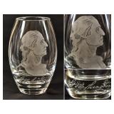 Vintage Scandinavian Signed Lead Crystal Vase Etched George Washington Profile & Signature - Potterville