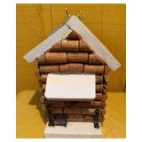 Handmade Wine Cork Log Cabin Style Birdhouse with White Wooden Roof & Hanging Chain - Garden Decor - Lake Odessa Off-Site