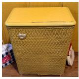 Vintage-Style Yellow Wicker Storage Hamper with Hinged Lid & Decorative Metal Pull - Lake Odessa Off-Site