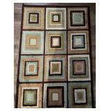 Geometric Rectangular Area Rug - Brown, Sage Green, Tan & Cream Square Pattern - Lake Odessa Off-Site