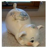 Vintage Ceramic Pig Piggy Bank - White with Blue Floral Design & Curled Tail - Lake Odessa Off-Site