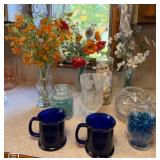 Assorted Glass Vases, Artificial Floral Arrangements, Cobalt Blue Mugs & Decorative Glassware - Lake Odessa Off-Site