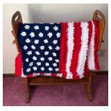 Handmade American Flag Red White & Blue Chenille Blanket with Wooden Quilt Rack - Lake Odessa Off-Site