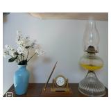 Vintage Style Glass Oil Lamp, Brass Quartz Desk Clock & Blue Flower Vase Decor - Lake Odessa Off-Site