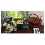 Assorted Desk Accessories, Carved Wooden Basket, Office Supplies & Decorative Flowers - Lake Odessa Off-Site