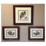 Set of 3 Framed Cross-Stitch Needlepoint Artworks - Mallard Duck & Country Decor - 1990 - Lake Odessa Off-Site