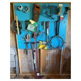 Garage Tool Pegboard & Contents -Hi-Lift Jack, Hand Saws, Clamps, Tools & Hardware - Lake Odessa Off-Site