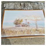 Vintage Landscape Painting Of Barn Windmill & Flowers on Canvas, Signed Framed 38"x26"