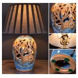Handcrafted Blue Glazed Table Lamp Pierced Woodland Church Scene with Black Pleated Shade - Potterville