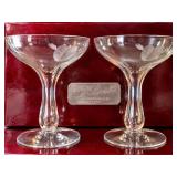 Etched Heart & Arrow Champagne Coupe Glasses Orig. Detroit Jewelers Box - Potterville