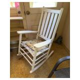 White Wooden Rocking Chair with Woven Seat & Floral Cushion - Farmhouse Style - Lake Odessa Off-Site