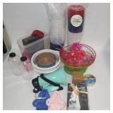 Tote Lot: Megaphone, 32 Twist Top Food Containers, Pet Supplies, Knee Sleeves & More