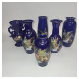 6 Cobalt Blue Porcelain Vases with Gold Trim & Asian Floral Pheasant Designs