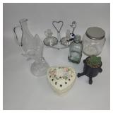 7 Pieces of Glassware: Crystal Eagle, Heart Box, Oil & Vinegar Set w/ Holder & More
