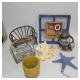Coastal Decor Lot: Conch Shells, Starfish, Wicker Bench, Lantern & Code Flag Sign