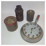 Vintage Tin Lot: Masterpiece 5 Cent Tobacco Tin, Canister, Tin Lantern & Pan Wall Clock