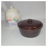 Kitchen Ceramics: Brown Stoneware Bean Pot/Crock with Lid & Country Cookie Jar