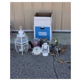 Box of Electrical Items - Vintage Lanterns, Light Fixtures, Cords, Some New in Box