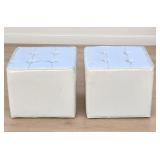 Pair of White Vinyl Square Cube Ottomans