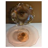 Vintage Depression Glass - Pink Cake Plate & Amber Carnival Glass Bowl
