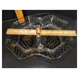Vintage 12x10" Clear Pressed Glass Divided Relish Dish With Central Handle And Hobnail Pattern - Potterville