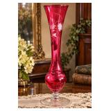 Vintage Cranberry Ruby Red Glass Tall Trumpet Bud Vase With Etched Floral Design Clear Foot - Potterville
