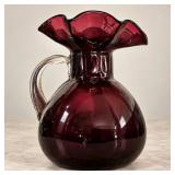 Vintage Fenton Style Deep Amethyst Purple Art Glass Pitcher Ruffled Rim Clear Applied Handle - Potterville
