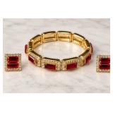 Vintage Ruby Red Rhinestone Gold Tone Stretch Bracelet & Matching Pierced Earrings Jewelry Set - Potterville