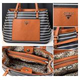 GUESS Black White Striped Tote Shoulder Handbag Tan Faux Leather Trim Leopard Print Lining - Potterville