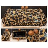 Leopard Print Sequin Evening Clutch Purse With Wooden Kiss Lock Closure & Gold Chain Strap - Potterville