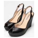 BCBGeneration Black Leather Peep Toe Platform Wedge Slingback Heels Size 7 - Potterville