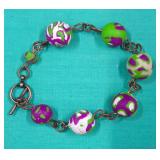 Super Fun Handmade Bracelet w/Polymer Clay Beads & Copper Tone Accents (Glows - UV Reactive)
