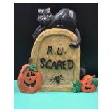 "R U Scared" Cat on Tombstone Figurine Sign (Halloween Decor)