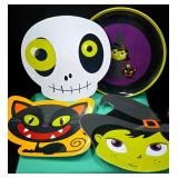 (Set of 4) Melamine Plastic Halloween Themed Plates - Witches, Skulls, Black Cats