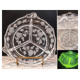 Vintage Heisey Rose Etched 3-Compartment Glass Relish Dish With Ornate Handles UV Glow - Potterville