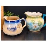 2 Antique Ceramic Pitchers La Francaise Porcelain Blue Windmill & Hand Painted Floral - Potterville