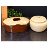 2 1920s Lidded Containers Brown & Cream Handled Storage Box and Ivory Trinket Jar - Potterville