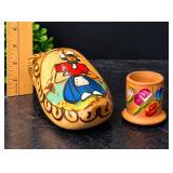 2 Vintage Hand Painted Wooden Dutch Folk Art Souvenirs Clog Shoe & Floral Mini Cup - Potterville