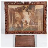 Vintage Asian Temple Scene Artwork Ornately Carved Wood Dragon Frame 13" x 10" - Potterville