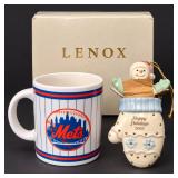 Vintage NY Mets Baseball Mug & Lenox 2002 Happy Holidays Snowman Stocking Ornament With Box - Potterville