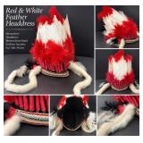 Red & White Feather Headdress w/ Fur Side Pieces & Woven Brow Band - Potterville